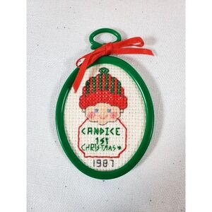 Handmade Needlepoint Elf‎ Christmas Ornament 1987 Framed Holiday Decor